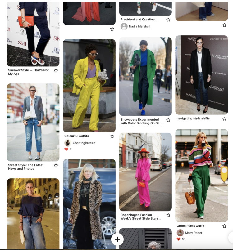a screenshot from Wardrobe Oxygen's Pinterest board. It featured street style of fashion icons like Jenna Lyons, Cate Blanchett, Tracee Ellis Ross, and Victoria Beckham. Lots of colorful pantsuits, unique color and print mixing, denim with blazers and off the shoulder tops, but clean lines and classic silhouettes.